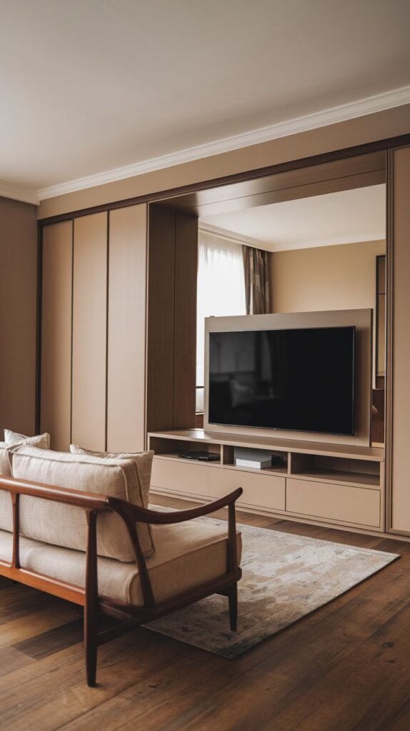 A modern and luxury living space features a custom built-in beige TV Unit integrated into a wall of sleek cabinets, with a mirrored panel reflecting the room. The unit includes closed drawers and shelving beneath the television, creating a streamlined and sophisticated entertainment area.