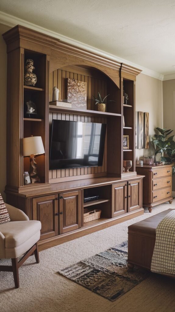 A richly appointed and luxury bedroom features a substantial wooden TV Unit entertainment center in a traditional style, with a central space for the television, numerous open shelves for display, and closed cabinets for storage. The unit is adorned with decorative items and books.