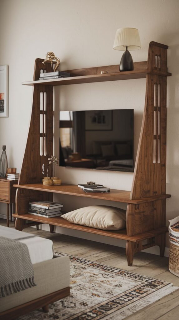A distinctive and luxury bedroom showcases a unique wooden A-frame style TV Unit with multiple open shelves, offering an artistic and functional display solution for the television and decorative objects. The unit's design adds a touch of modern craftsmanship to the space.