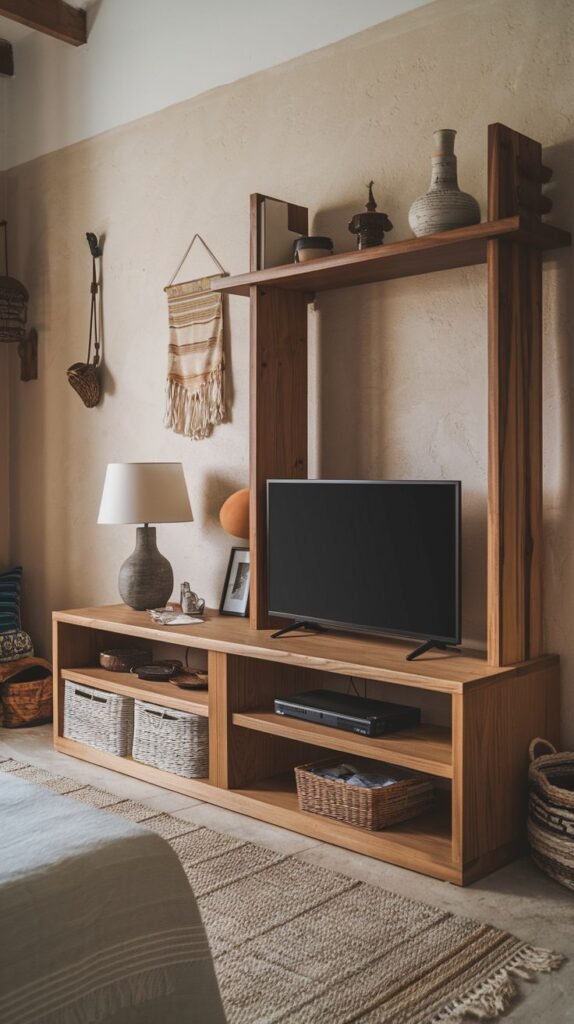 A warm and luxury bedroom features a spacious light wood TV Unit with abundant open shelving, a prominent top shelf, and integrated storage baskets. The television is centrally placed, and the unit is adorned with lamps, vases, and bohemian-style wall decor, creating an inviting and eclectic look.