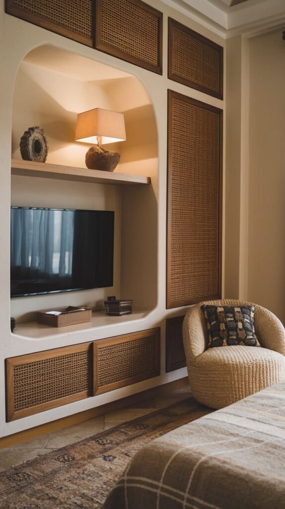 A luxury bedroom displays a unique built-in TV Unit crafted from light wood and rattan, featuring an arched central niche for the television, open shelving with decorative objects and a lamp, and closed rattan-front cabinets below. A textured, curved armchair sits beside it, adding to the room's organic modern appeal.