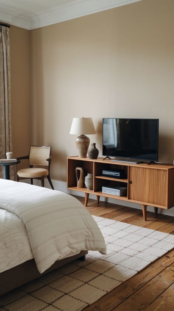 A charming and luxury bedroom features a mid-century modern style wooden TV Unit console with tapered legs, offering a combination of open shelves and a closed cabinet for media storage. The unit provides a stylish and functional base for the television in this warm, minimalist room.