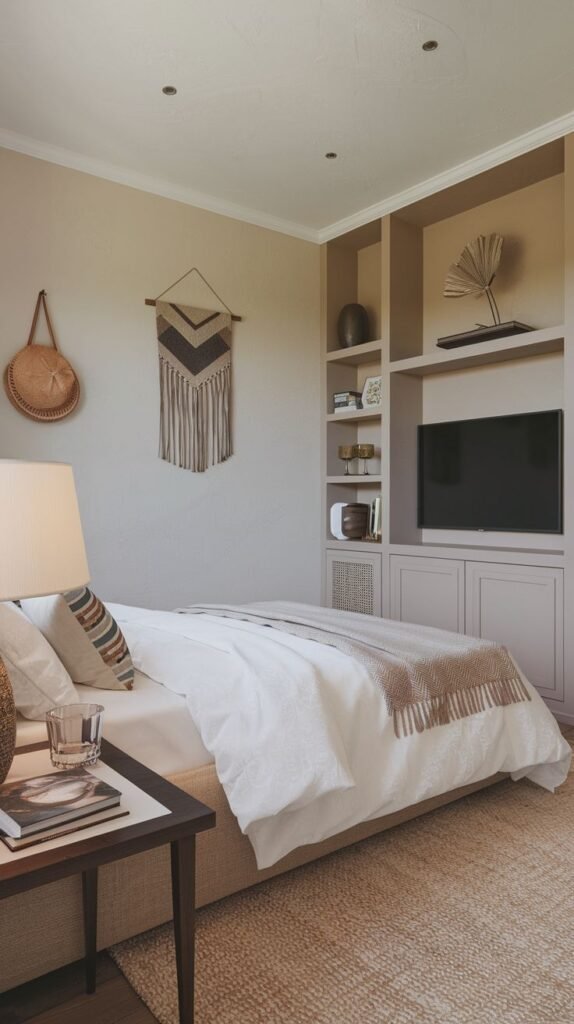 A luxury bedroom features a built-in light brown TV Unit with open shelving above and closed cabinets below, blending seamlessly into the neutral wall. Decorative items, including a woven wall hanging and a straw hat, adorn the walls, and a bedside lamp with a white shade illuminates the area next to a made bed.
