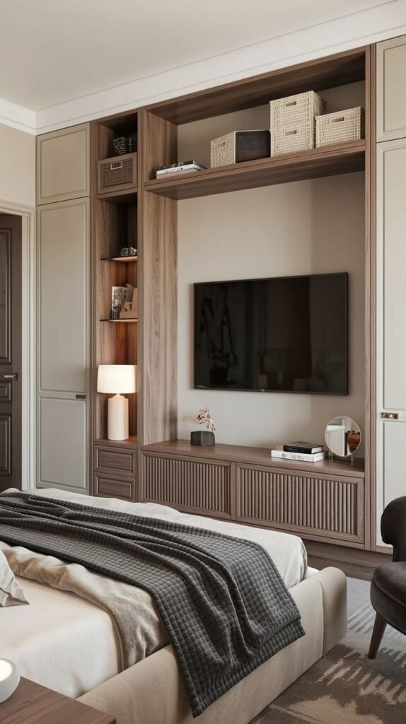 A sophisticated and luxury bedroom features a full-wall built-in TV Unit system combining light wood and natural wood tones, with open shelves displaying decorative baskets and books, and a central television. The unit includes lower cabinets with slatted fronts, integrated into larger wardrobe-like panels.