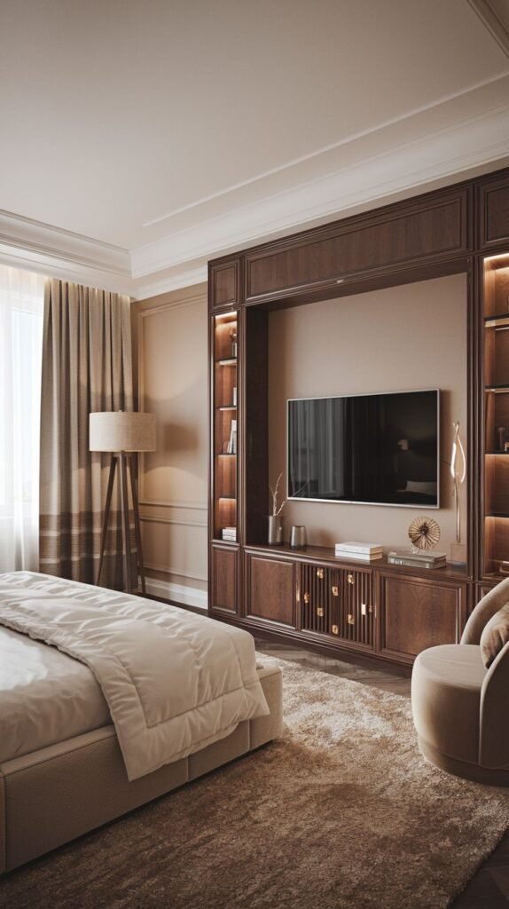 An elegant luxury bedroom showcases a custom dark wood built-in TV Unit entertainment center with warm ambient backlighting in its display shelves, framing the television. The unit includes closed cabinets with golden knob handles and is positioned opposite a large bed, accompanied by a plush, rounded armchair.