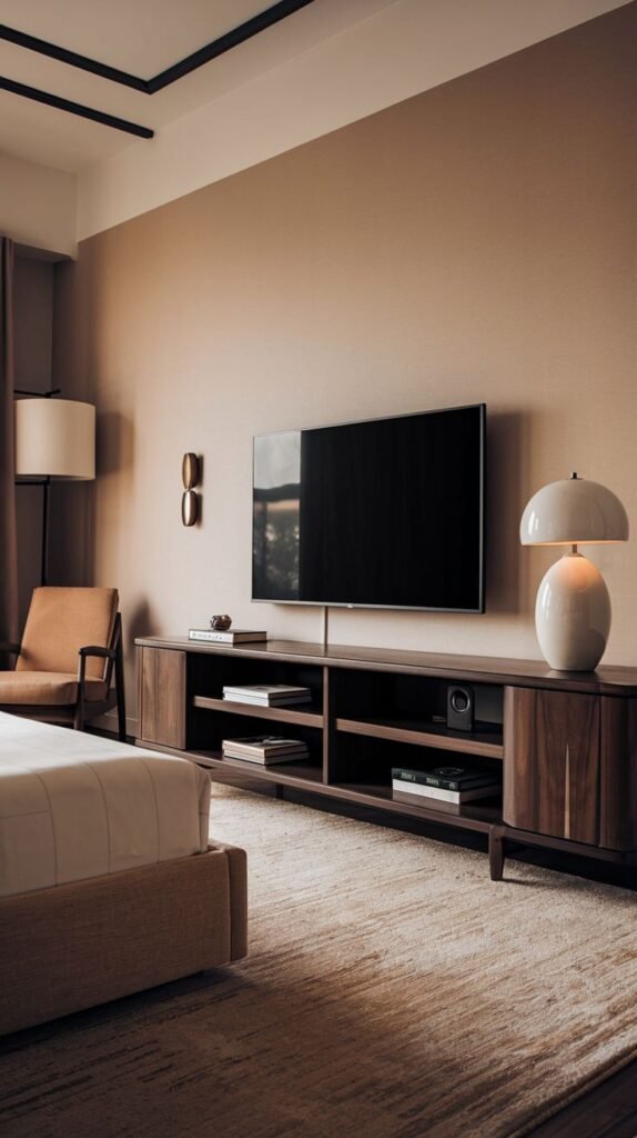 A minimalist and luxury bedroom features a long, low dark wood TV Unit console with open shelves and closed cabinets, serving as a sleek base for the wall-mounted television. The room has neutral-toned walls, a large floor lamp, and a white mushroom-shaped table lamp on the console.