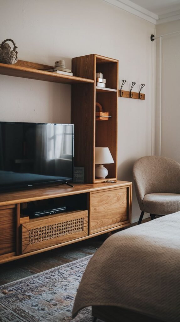 This luxury bedroom features a functional light wood TV Unit with a combination of open shelves and closed cabinets, one of which has a rattan panel. A television is placed on the lower shelf, with a small table lamp and decorative items on the upper shelf. A light-colored upholstered armchair sits nearby.