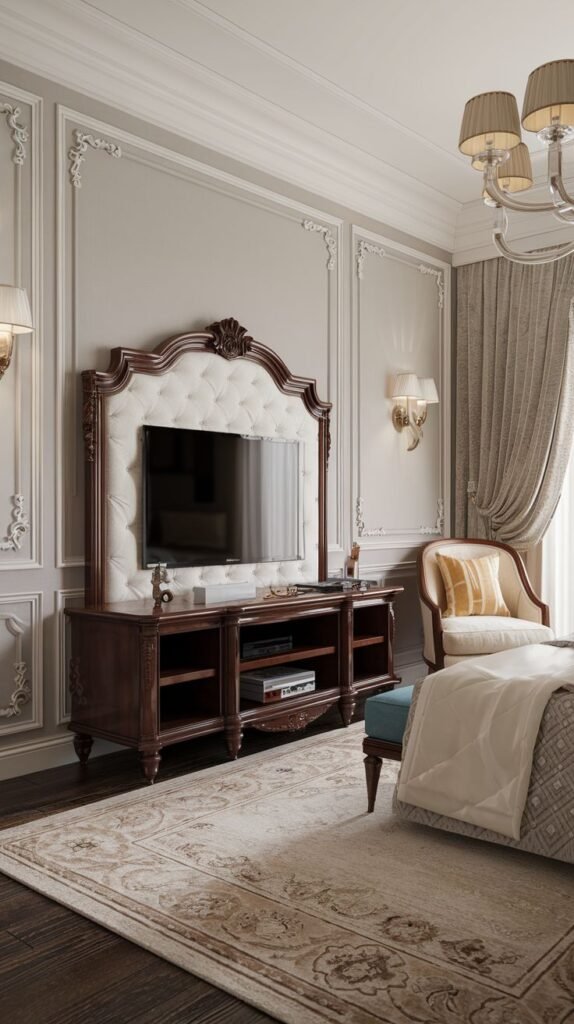 A grand and luxury bedroom showcases a distinctive dark wood TV Unit console framed by an ornate, white tufted headboard-style surround for the television. The console includes open shelving and closed cabinets, complementing the room's classical aesthetic with decorative wall moldings and a chandelier.