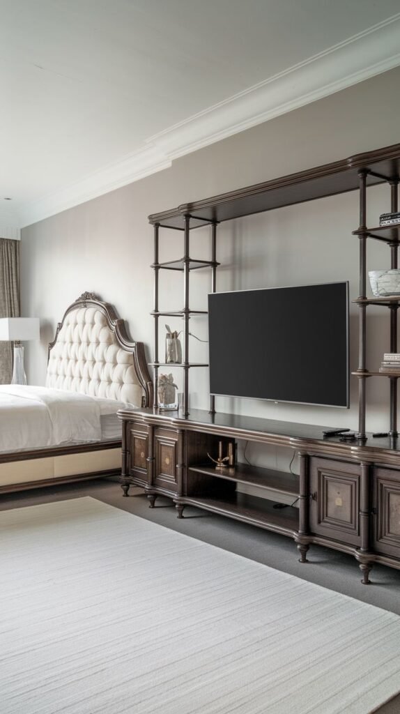 An expansive and luxury bedroom features a dark wood TV Unit entertainment wall with numerous open shelves and lower cabinets, providing extensive storage and display space around the central television. A large, plush bed with a tufted headboard is visible in the background.