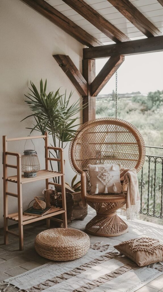 A spacious boho outdoor patio showcases a large rattan peacock chair with decorative pillows and a blanket. A wooden shelving unit holds a lantern, and a round woven pouf rests on a striped rug. Lush potted plants enhance the natural ambiance.