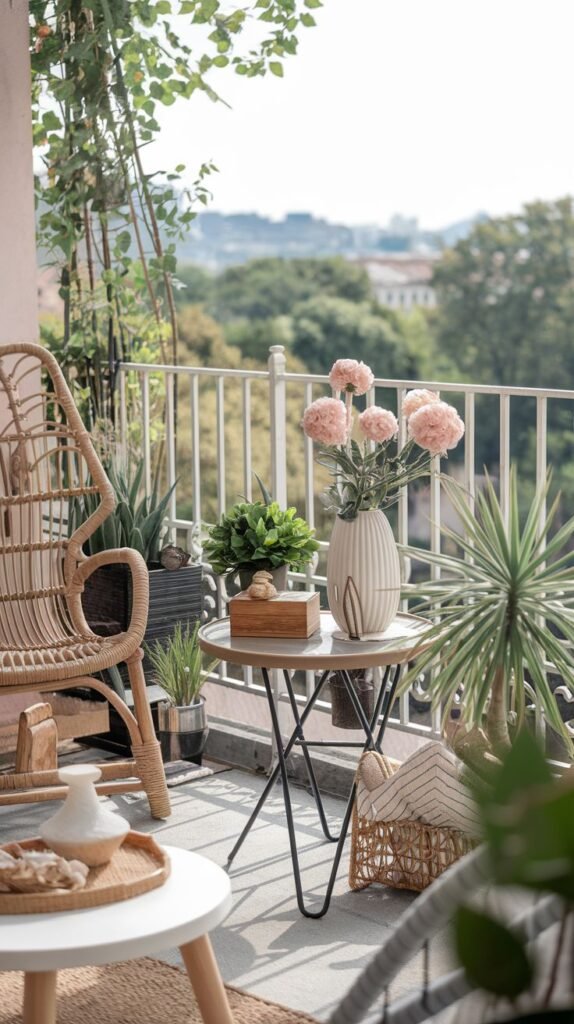 A bright boho outdoor balcony space features part of a rattan chair and two small round tables. A vase of pink flowers and a woven basket are displayed amidst an abundance of potted plants and climbing vines, creating a natural retreat.