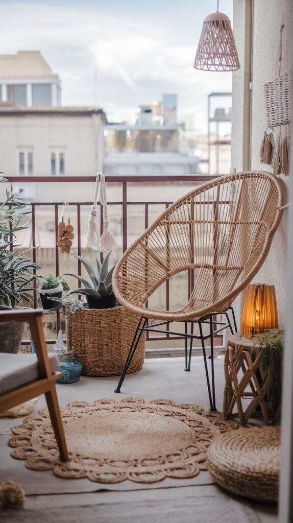 A tranquil boho outdoor balcony offers a unique large rattan egg-shaped chair and a small wooden stool. A round woven rug and a woven pouf add texture to the floor. A hanging light fixture and a decorative lantern provide soft illumination.
