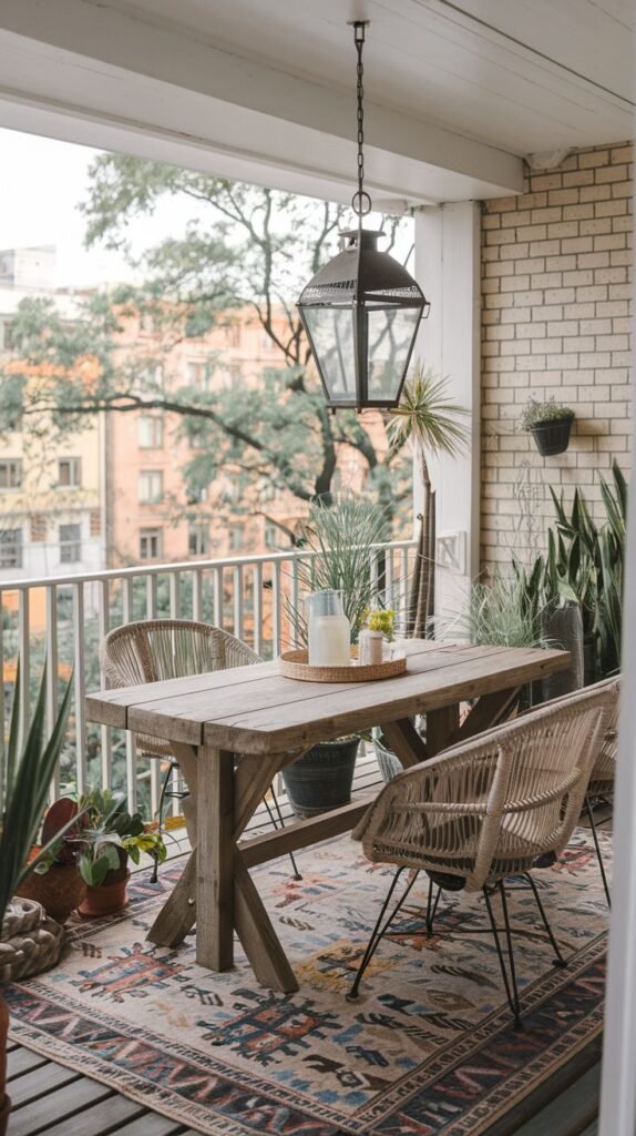 A well-appointed boho outdoor dining area under a covered balcony features a large wooden table and two woven rattan chairs. A colorful patterned rug adds warmth and style, while a large hanging lantern illuminates the space. Many potted plants create a vibrant green environment.