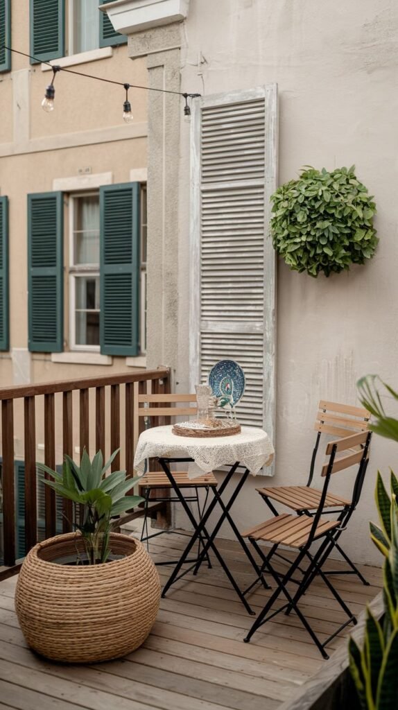 This charming boho outdoor balcony is set up with a small wooden folding table and two matching chairs. String lights hang above, and a decorative white wooden shutter adorns the wall. A woven basket acts as a large planter, adding to the bohemian decor.