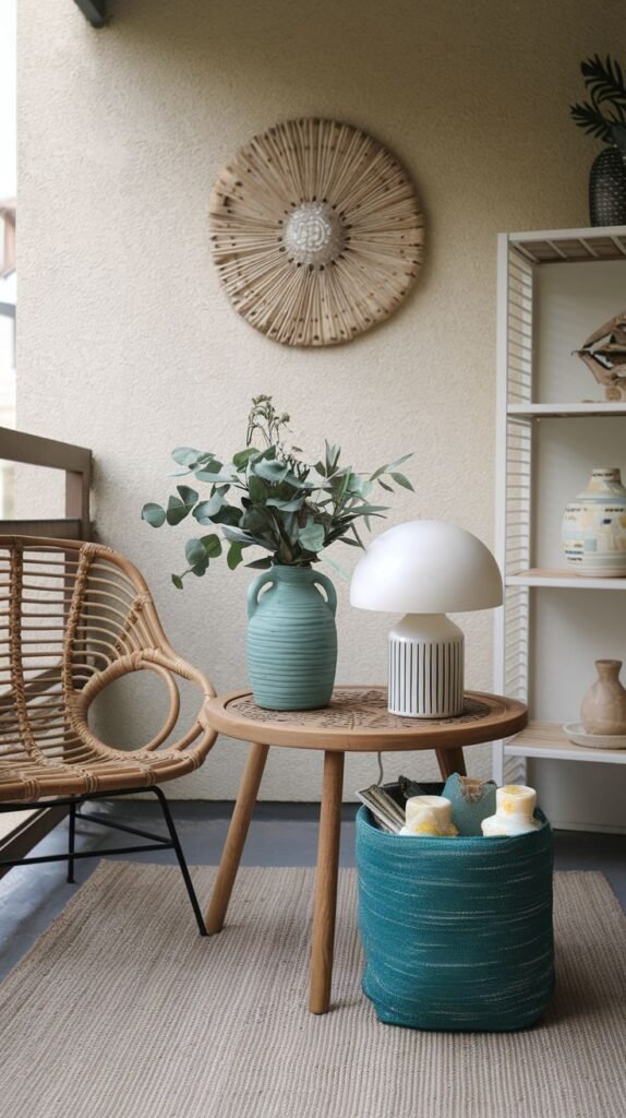 A stylish boho outdoor balcony provides a cozy seating area with a rattan chair, a wooden side table, and a white shelving unit. A large round woven wall hanging serves as a focal point, complemented by a mushroom lamp and a teal basket filled with candles.