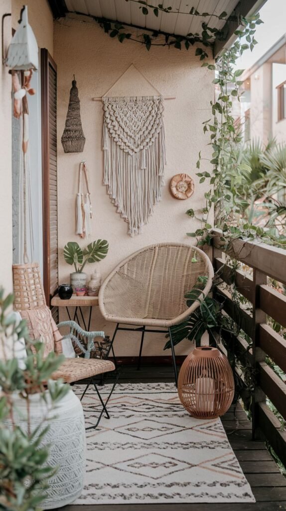 A inviting boho outdoor balcony features a rattan chair and a small wooden table. A prominent macrame wall hanging and smaller woven decorative pieces adorn the wall. A patterned rug and a wooden lantern contribute to the bohemian aesthetic.