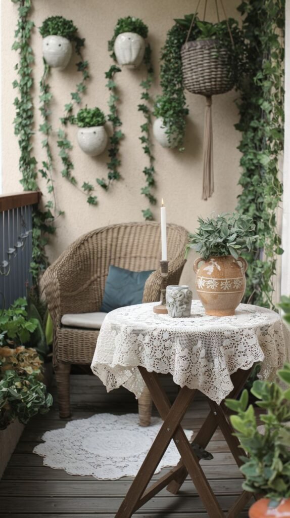 A lush boho outdoor balcony is filled with climbing ivy and numerous potted plants, creating a green oasis. A wicker armchair with a cushion and a wooden folding table with a delicate lace tablecloth provide a quaint seating arrangement. Hanging planters add more greenery.
