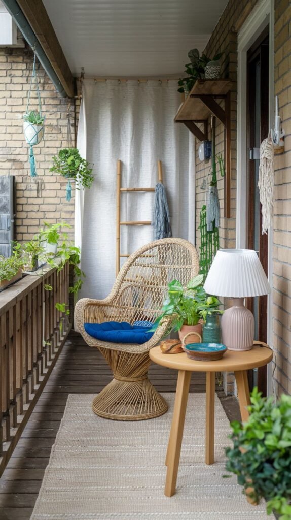 This welcoming boho outdoor balcony features a rattan peacock chair with a vibrant blue cushion and a round wooden side table. A white curtain provides privacy, and a ladder-style shelf holds decorative items. Various potted and hanging plants complete the natural look.