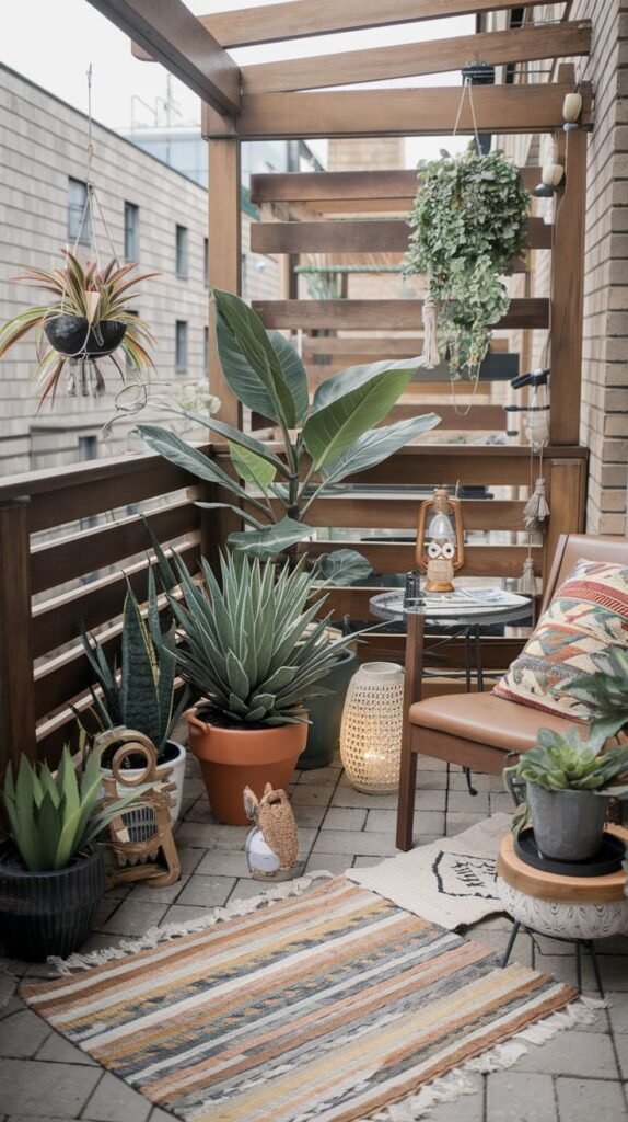 A warm and inviting boho outdoor balcony space is furnished with a brown leather chair, a small glass-top table, and a wooden stool. A striped rug adds color to the floor, while numerous potted plants, including large succulents and a palm-like plant, create a rich botanical display.