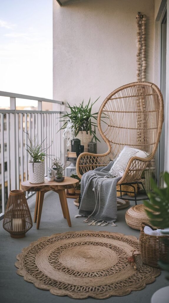 A comfortable boho outdoor balcony features a large rattan peacock chair with a cushion and a gray blanket, accompanied by a small wooden side table. A large round woven rug defines the seating area, and a wooden lantern adds ambient light. Various potted plants contribute to the natural decor.