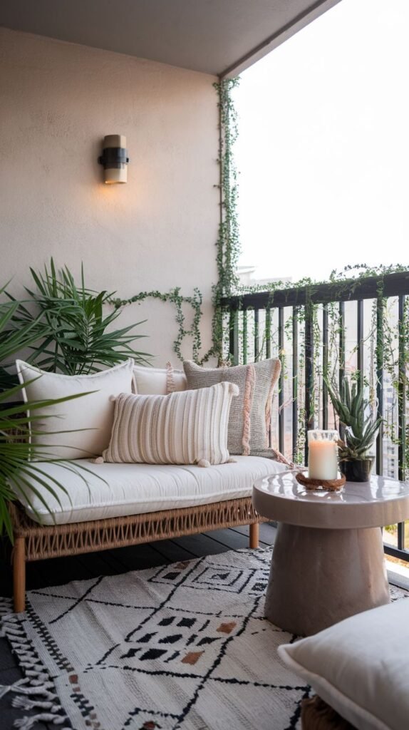 This boho outdoor balcony offers a comfortable rattan sofa adorned with light-colored cushions and striped pillows. A round, textured side table holds a candle and a small potted plant. A patterned rug and climbing vines on the wall complete the relaxed setting.