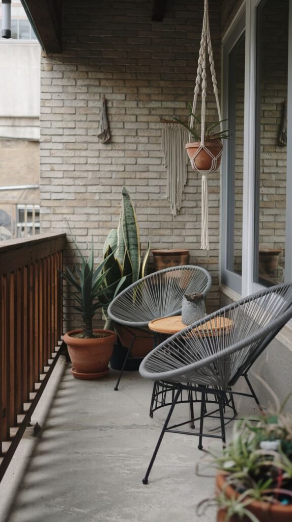 This minimalist boho outdoor balcony offers two modern grey string chairs and a small wooden side table. A macrame hanging planter adds a bohemian touch, while large snake plants and other potted greenery fill the space.