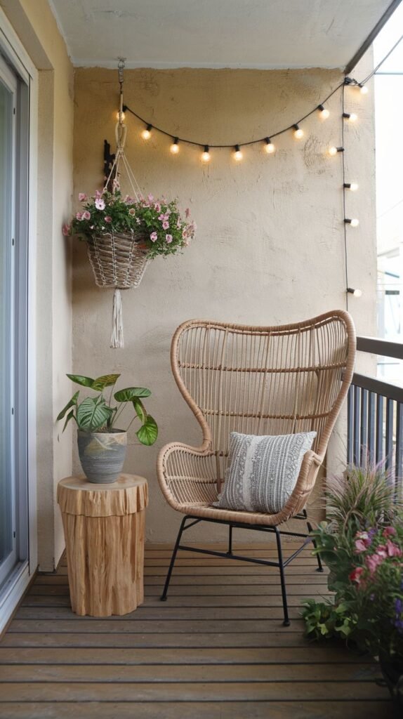 A cheerful boho outdoor balcony is adorned with a high-backed rattan chair, a wooden side table/stool, and string lights strung across the wall. A hanging basket overflows with pink flowers, and a striped pillow adds comfort to the chair.