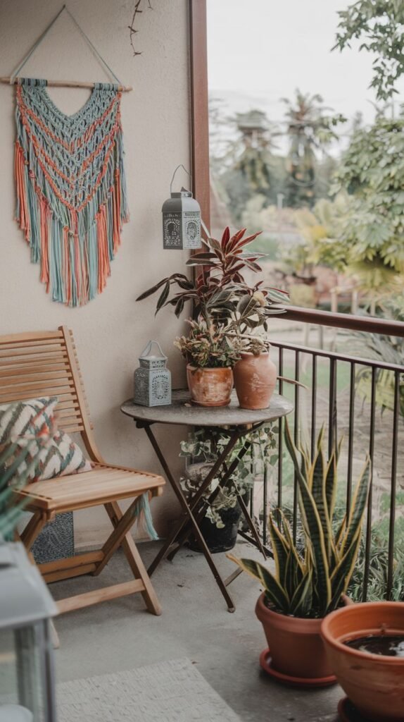 A colorful boho outdoor balcony showcases a wooden folding chair and a metal folding table. A large macrame wall hanging with teal and orange accents is a prominent decorative feature. Several potted plants and two decorative metal lanterns add to the charm.