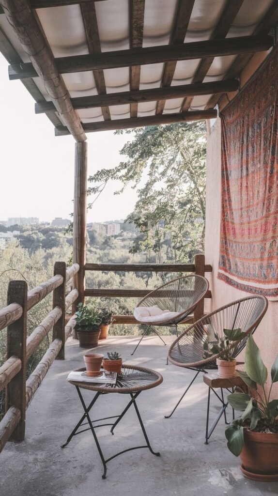 This relaxed boho outdoor patio, sheltered by a wooden beam structure, features two brown string chairs and a black metal folding table. A vibrant patterned textile hangs on the wall, and several potted plants enhance the natural ambiance.