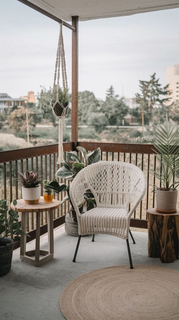 A stylish boho outdoor balcony offers a white woven chair and two small wooden side tables/stools. A round woven rug provides a soft base, and a macrame hanging planter adds vertical greenery. Many potted plants, including succulents and a palm, create a lush environment.