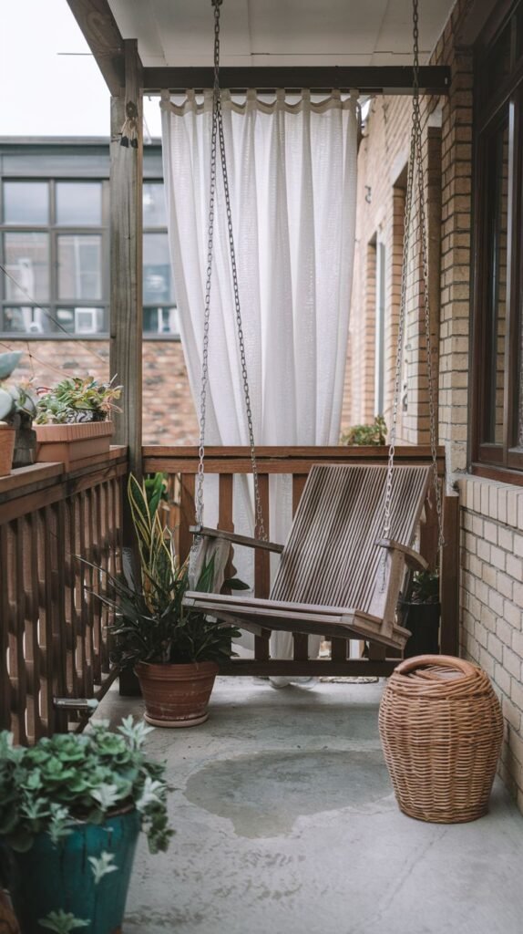 A rustic boho outdoor porch features a classic wooden porch swing, suspended from the ceiling. A white curtain hangs behind the swing, and a large woven basket sits on the concrete floor. Potted plants add a touch of nature to the cozy space.