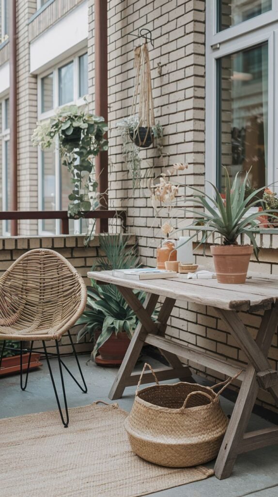 A welcoming boho outdoor balcony is set with a rattan chair and a wooden folding table, creating a perfect spot for relaxation. A woven rug defines the area, and a macrame hanging planter adds bohemian flair. Various potted plants contribute to the natural decor.
