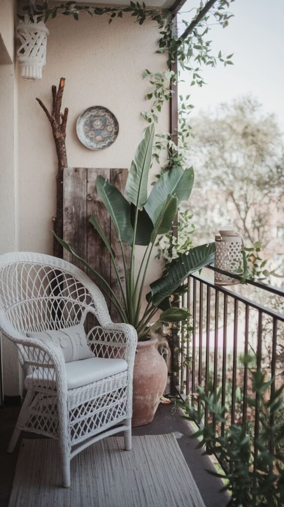 This serene boho outdoor balcony features a white wicker armchair with a cushion, surrounded by lush plants, including a large potted palm-like plant. Wall decor, including a wooden piece and a decorative plate, enhances the bohemian aesthetic.