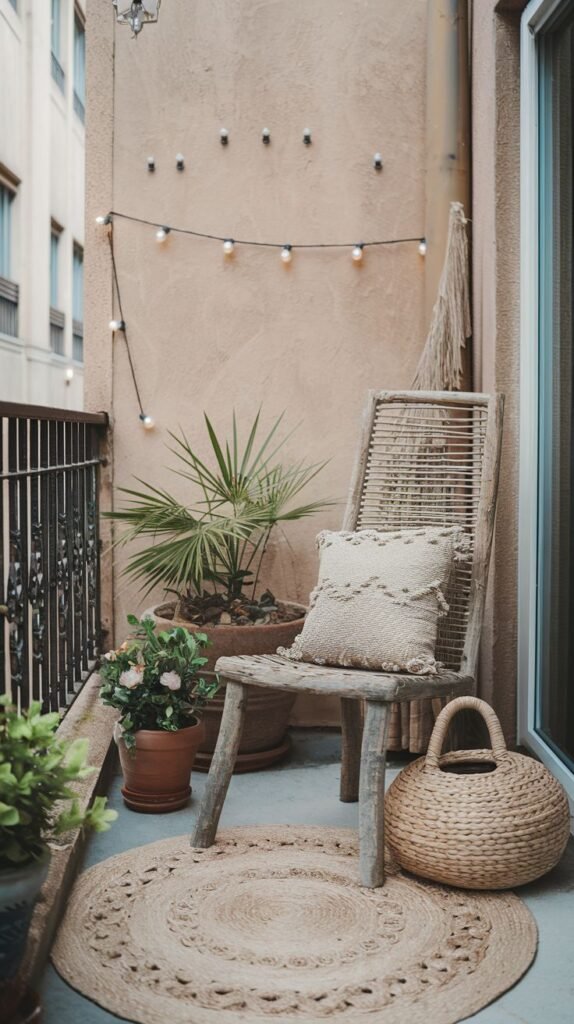 A boho outdoor balcony features a light wooden chair with a woven back, a round woven rug, and string lights overhead. Several potted plants, including a palm-like one, add greenery to this cozy space.