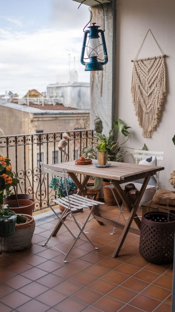 A charming boho outdoor balcony features a wooden folding table and a white folding chair. A large macrame wall hanging and a distinctive blue lantern add to the decor. Various potted plants are arranged around the space.