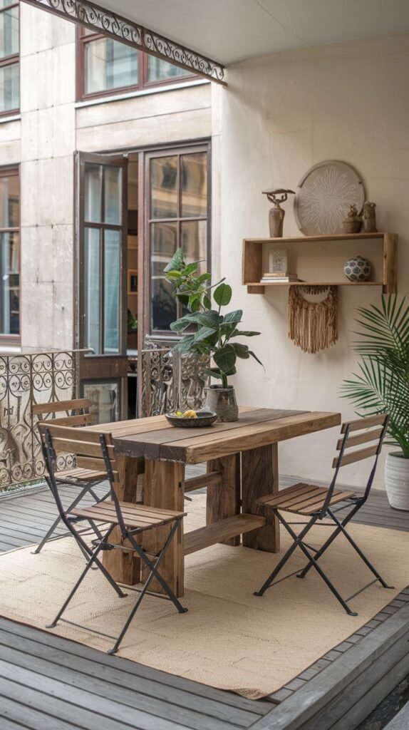 An inviting boho outdoor dining area under a covered patio boasts a large, rustic wooden table and two wooden folding chairs with black metal frames. A woven rug covers the floor, and a wooden shelf on the wall displays decorative items. A tall potted plant adds a touch of nature.