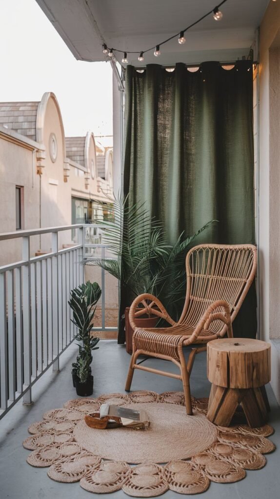 A cozy boho outdoor balcony is decorated with a rattan chair and a natural wooden side table. A round woven rug with a scalloped edge adds texture to the concrete floor. String lights and a dark green curtain provide ambiance and privacy.