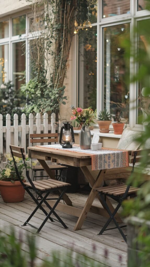 This boho outdoor garden patio features a wooden table and two wooden folding chairs, set against a backdrop of a white picket fence and lush greenery. A lantern and a vase of flowers adorn the table, complemented by a patterned table runner.