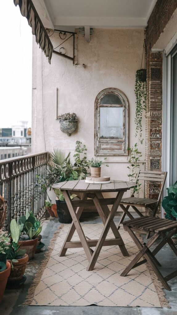 A serene boho outdoor balcony is furnished with a wooden folding table and a matching folding chair. A diamond-patterned rug covers the floor, and an arched wooden frame hangs on the wall. Numerous potted cacti and succulents create a vibrant plant collection.