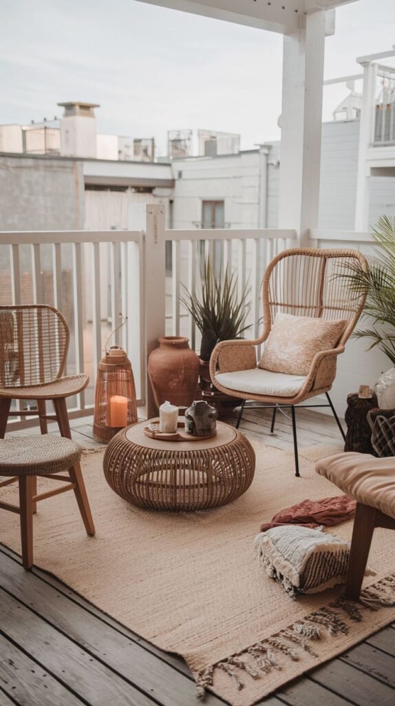 A spacious boho outdoor rooftop patio provides a relaxed seating area with a rattan armchair and two smaller rattan chairs, surrounding a woven round coffee table/pouf. A large woven rug, lanterns, and potted plants create a welcoming atmosphere.