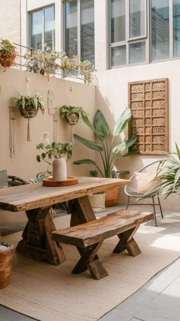 This vibrant boho outdoor patio is designed for dining, featuring a substantial rustic wooden table and a matching wooden bench. A light-colored woven rug grounds the space, while hanging macrame planters and a large carved wooden wall art piece enhance the bohemian feel. Various large potted plants add lushness.