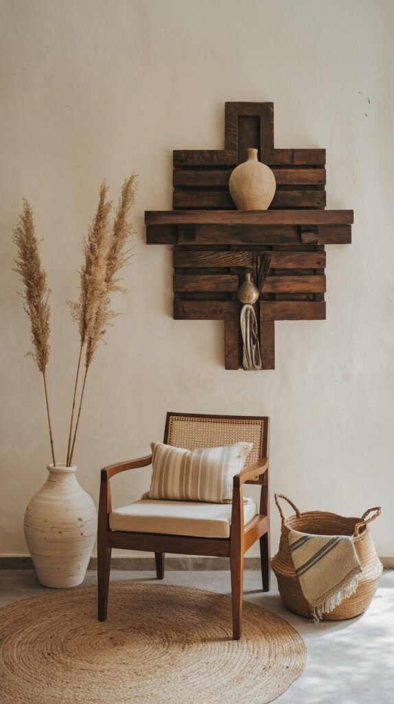 A minimalist yet impactful vignette showing a wooden armchair with a striped cushion, a large white vase holding dried pampas grass, and a woven basket. A prominent, bold wooden wall sculpture and a decorative vase are mounted above, creating a distinct African home decor statement.