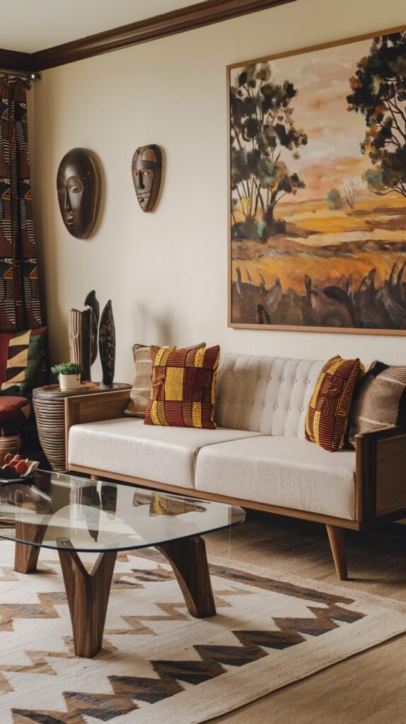 A light-colored sofa with patterned cushions anchors the room, paired with a modern glass-top coffee table. A large landscape painting on the wall and two traditional African masks serve as prominent decorative elements, creating a culturally rich and bold African home decor ambiance.
