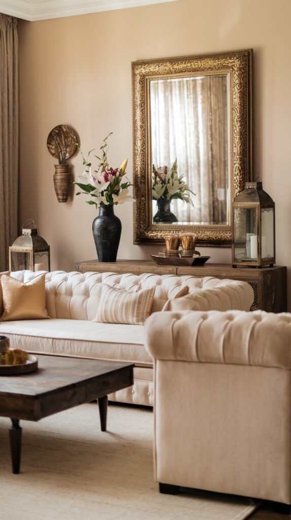 A luxurious light-colored tufted sofa and armchair are set against a backdrop featuring a grand, ornate gold-framed mirror. Two large metal lanterns flank a wooden console table with decorative items, suggesting an elegant home decor style that subtly incorporates African inspired elements, though less explicitly bold than other examples.