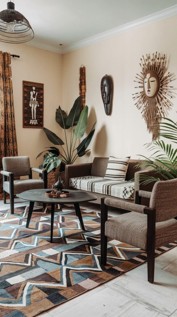 This vibrant living space features a brown sofa with a striped throw, two complementary armchairs, and a round dark coffee table. A large, geometrically patterned rug adds a dramatic touch, while African masks and a sunburst wall art piece further emphasize the highly bold African home decor.