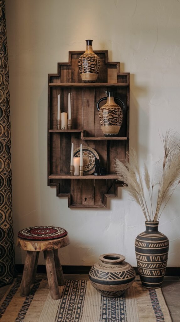 A wall-mounted wooden shelf displays an assortment of patterned vases and candles, creating a focal point. A rustic wooden tree stump stool with a small patterned rug, a large vase with dried pampas grass, and a striped floor mat below contribute to a raw and bold African home decor aesthetic.