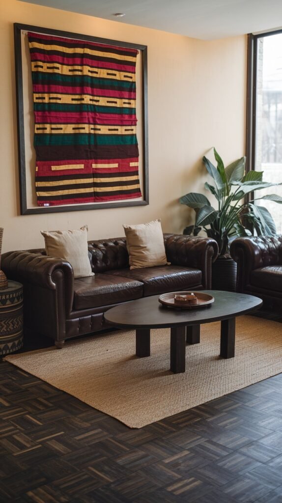 A classic dark brown leather chesterfield sofa is paired with a sleek, dark oval coffee table and a simple natural fiber rug. A large framed wall hanging with bold red, yellow, and green stripes serves as a vibrant focal point, enhancing the rich African home decor.