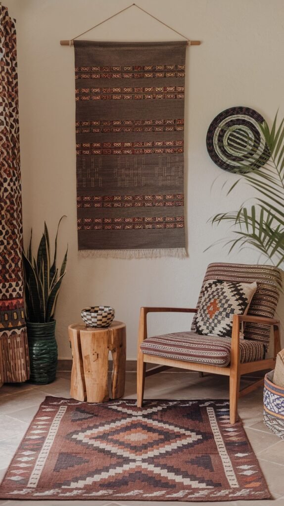 A wooden armchair with a vibrantly patterned cushion invites relaxation, accompanied by a unique wooden tree stump side table. A long, vertically hung patterned tapestry, a round woven wall decoration, and a geometrically patterned rug combine to create a visually bold African home decor space.