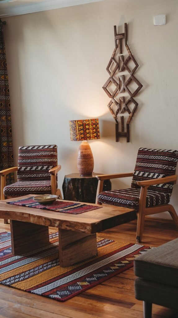 Two wooden armchairs with striking patterned upholstery face each other, separated by a rectangular wooden coffee table with a patterned runner. A wooden tree stump side table supports a colorful patterned lamp, and a tall geometric wooden sculpture adorns the wall, embodying a bold African home decor style.