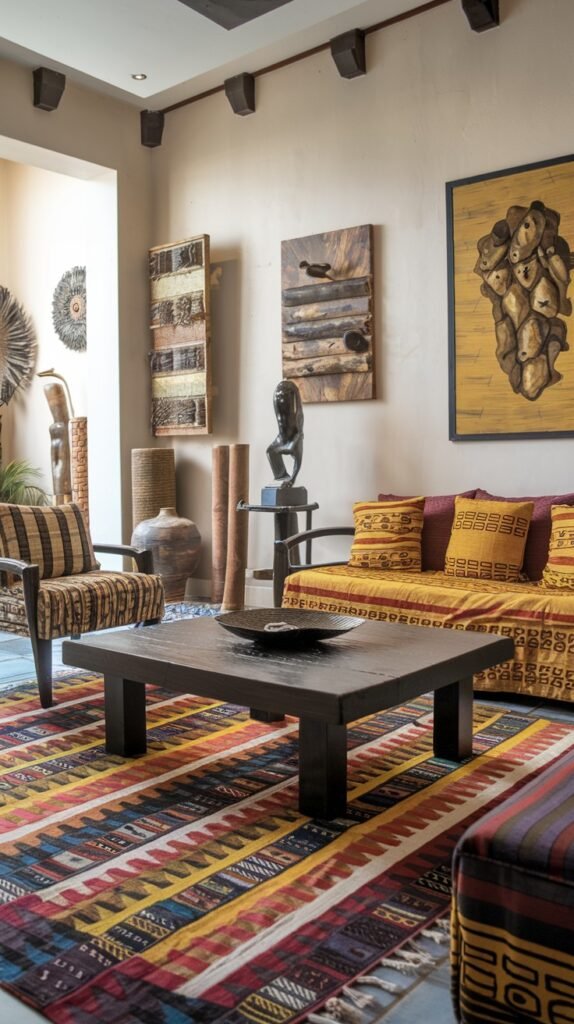 A striking yellow sofa with intricately patterned cushions and a matching striped armchair frame a substantial dark wooden coffee table. A vibrantly colored, horizontally striped patterned rug covers the floor, while various wooden sculptures and wall art pieces reinforce the truly bold African home decor aesthetic.